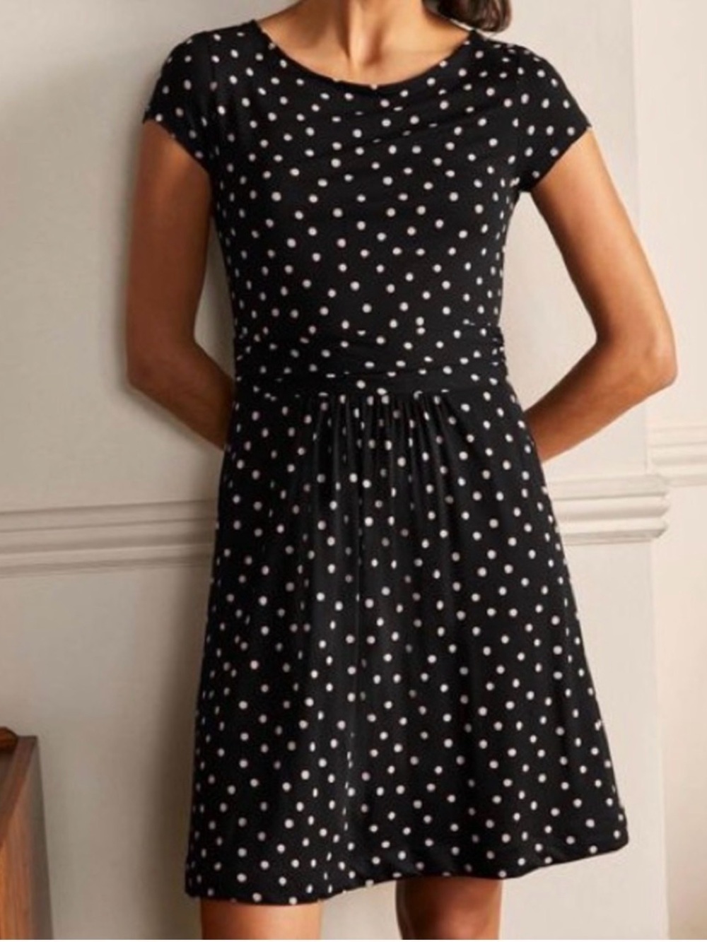 Boden Amelie Black & Pink Polka Dot Jersey Dress Short Sleeves US‎ Size 2R